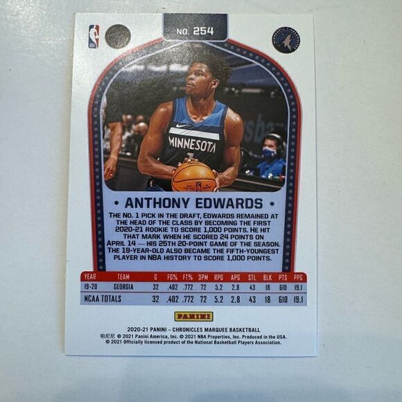 2020-21 Panini Chronicle rookie Anthony Edwards 254 - Picture 4 of 4